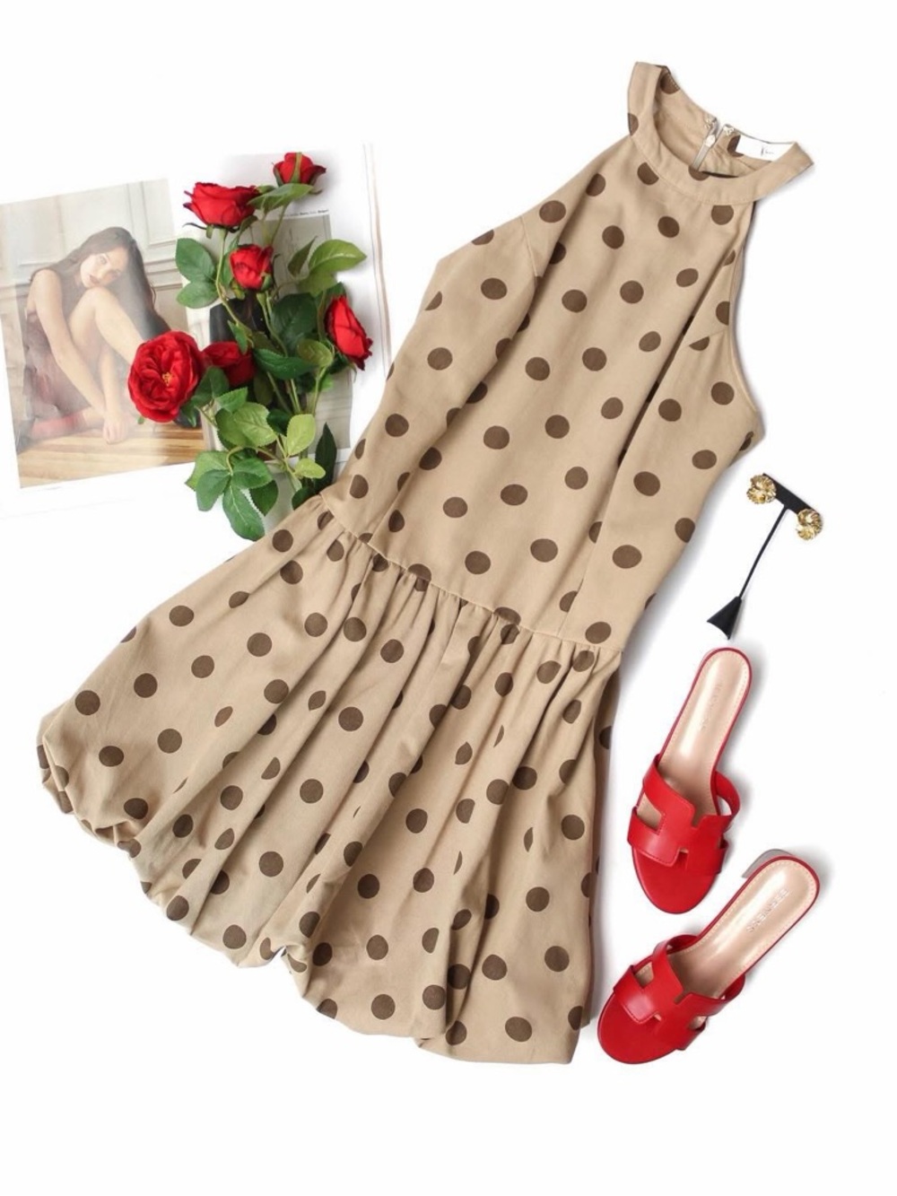 Sleeveless Halter Polka Dot Bubble Hem Mini Dress - Beige - Picture 2 of 5